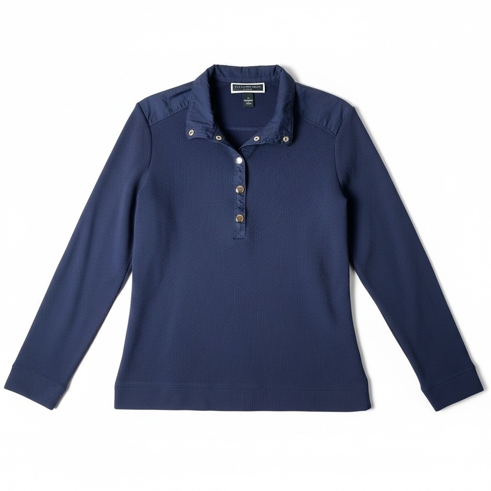 Karen Scott Sport Navy Textured Pullover Long Sleeve Collared Shirt Top Size S